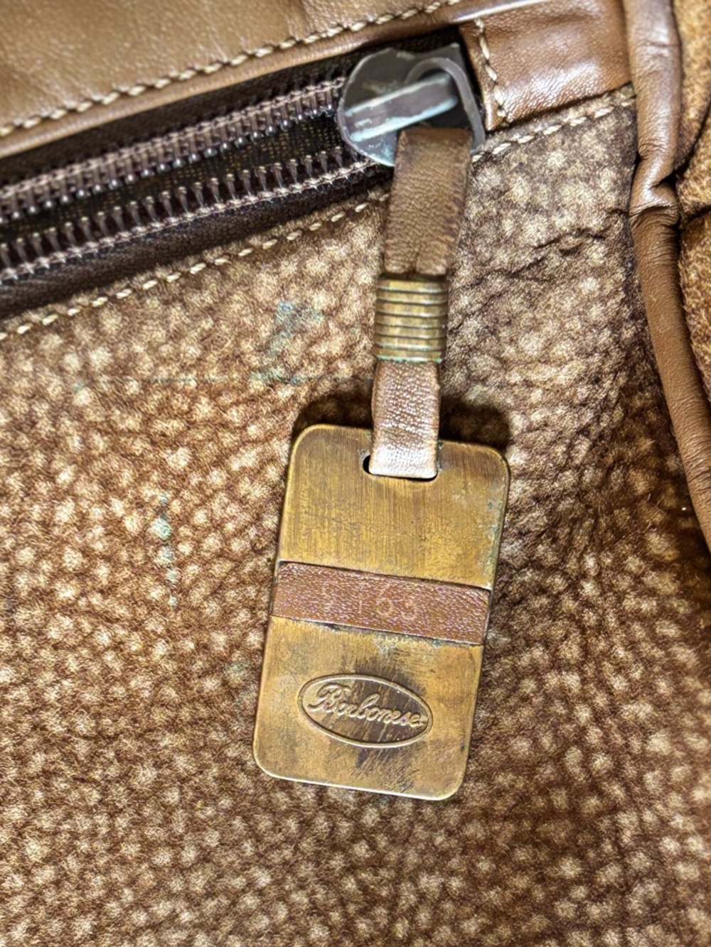Borbonese Textured Brown Shoulder Bag with Front Zip Pocket - Picture 2 of 9